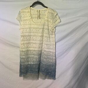 Aratta Silent Journey Womens Lace Ombre Tunic Top Blue Cream Boho Ruffle Mesh